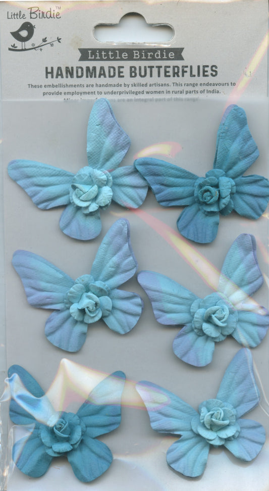 Little Birdie Handmade Self Adhesive Butterflies - Shades of Blues - 6 pack