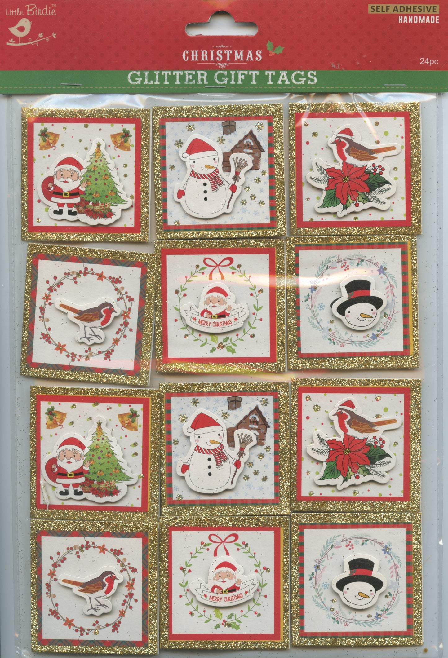 Little Birdie Handmade Christmas Self Adhesive Glitter Gift Tags 24pc