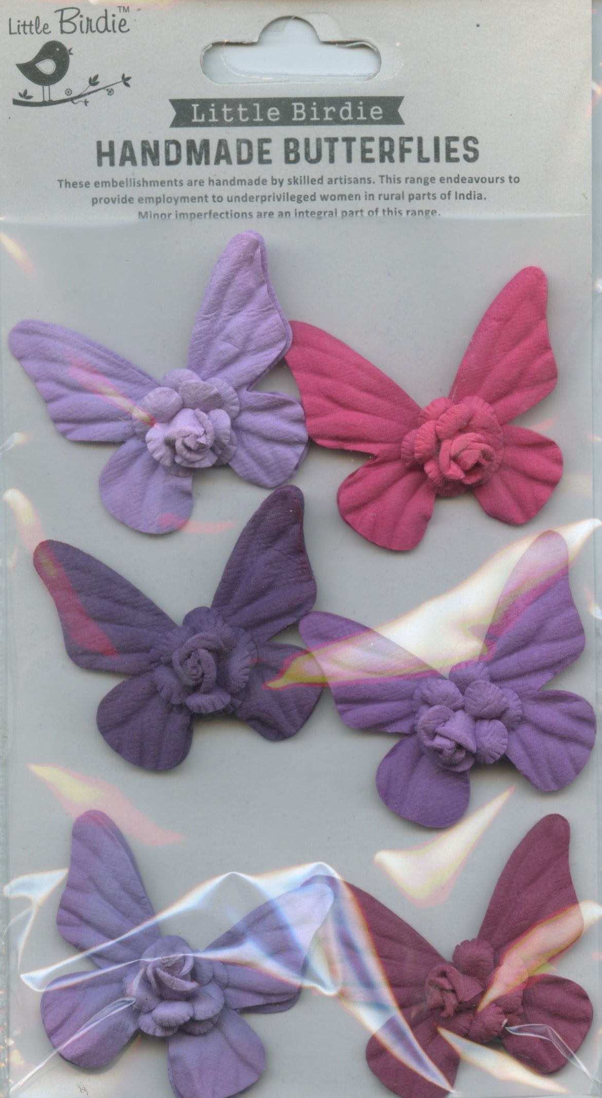 Little Birdie Handmade Self Adhesive Butterflies - Purples/Burgundy/Pink - 6 pack