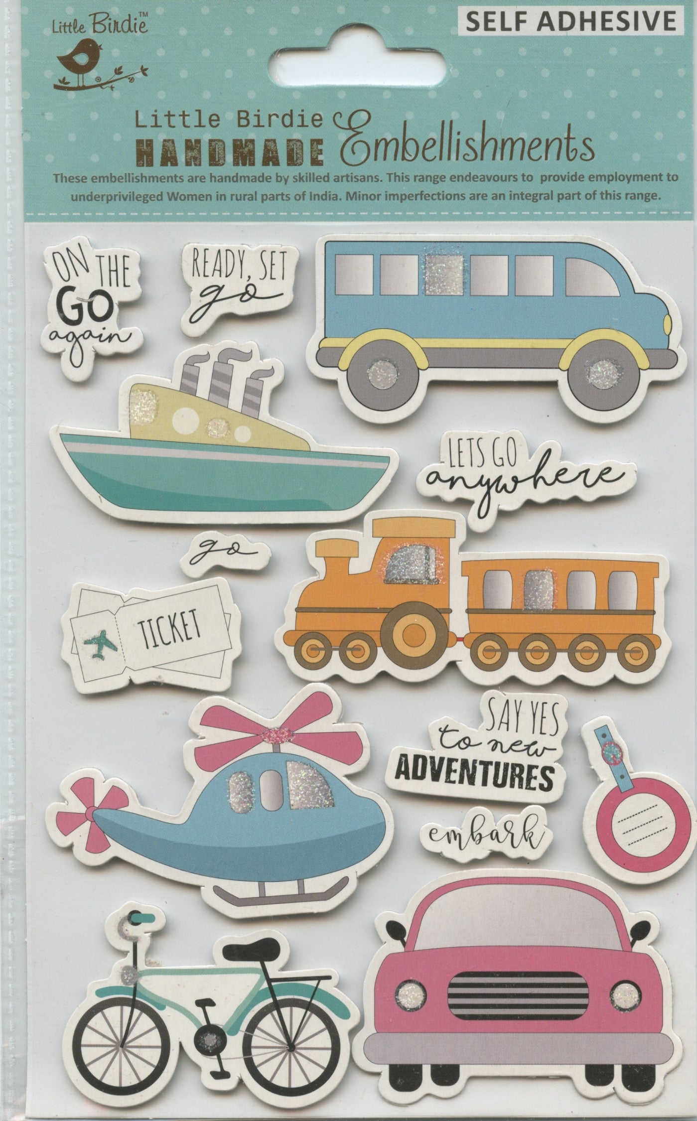Little Birdie Handmade Embellishments Self Adhesive Transport Theme 14pc