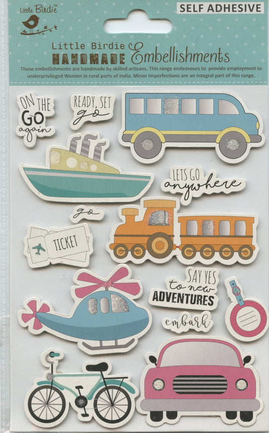 Little Birdie Handmade Embellishments Self Adhesive Transport Theme 14pc
