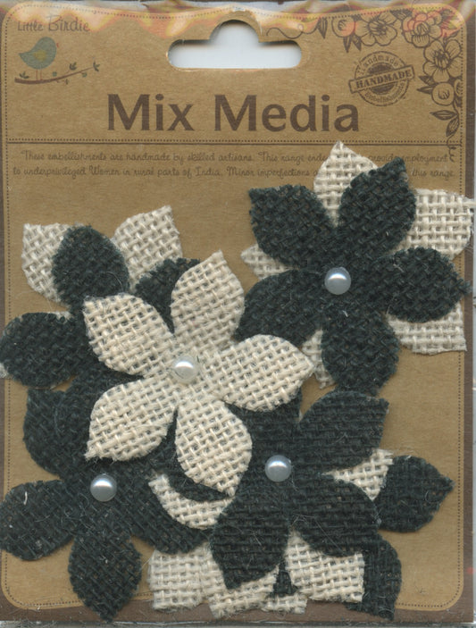 Little Birdie Handmade Embellishments Mix Media Burlap Garden Petals Small Black and White 10pc