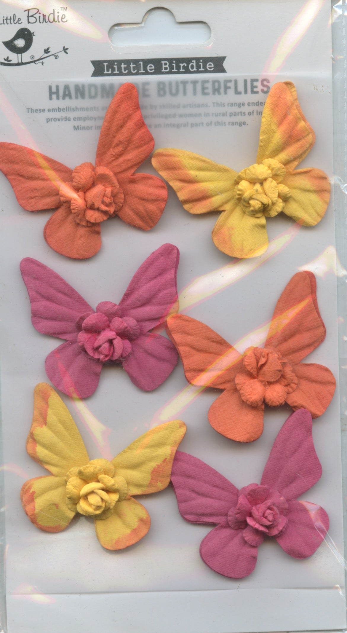 Little Birdie Handmade Self Adhesive Butterflies - Orange/Yellow/Pink - 6 pack