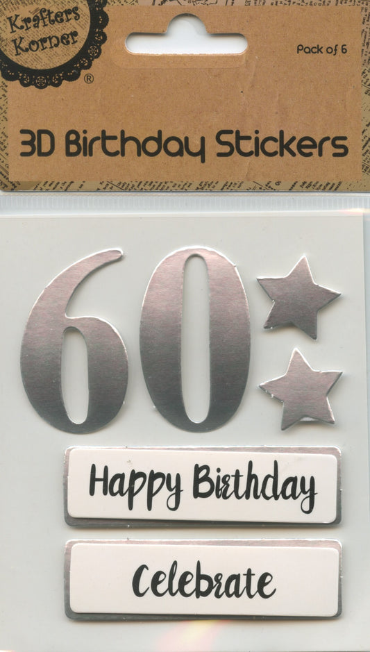 60th - 3D Birthday Stickers - Silver with Stars and Wording