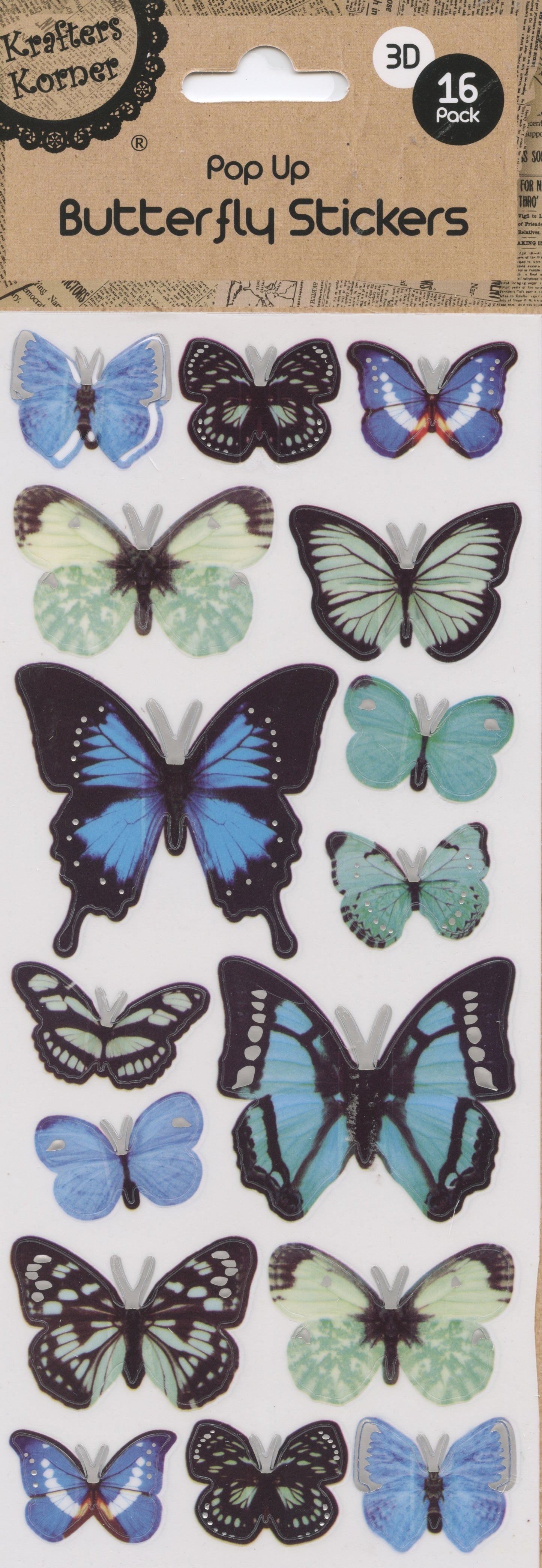 3D Butterfly Pop Up Stickers - Shades of Blues & Greens - 16 pk