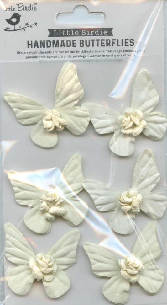 Little Birdie Handmade Self Adhesive Butterflies - Cream - 6 pack