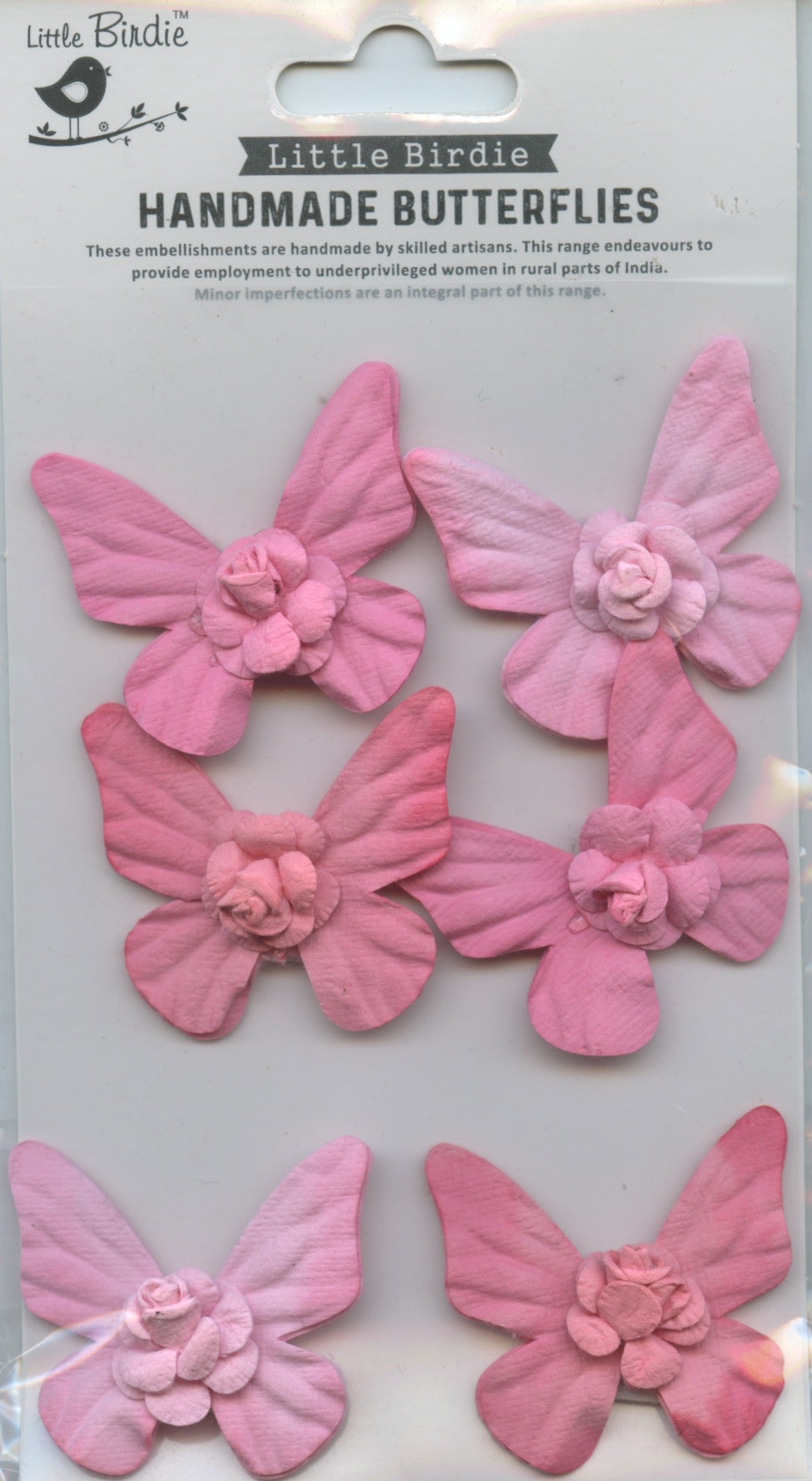 Little Birdie Handmade Self Adhesive Butterflies - Shades of Pinks - 6 pack