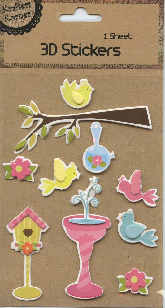 3D Stickers Birds/Birdbath/Flowers - 1 Sheet - 10 pc