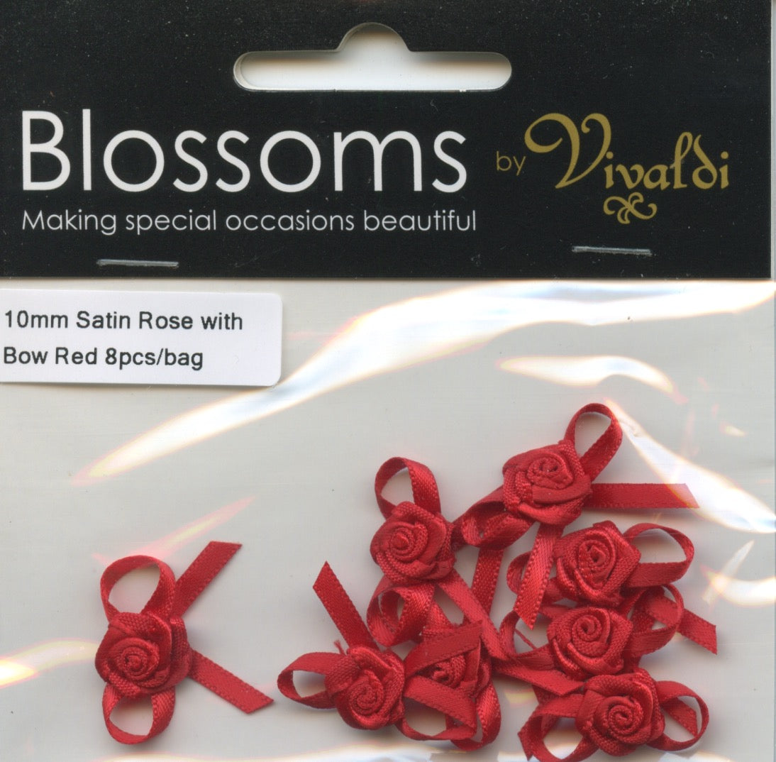 Satin Bow with Rose 10mm - Red - 8 pack