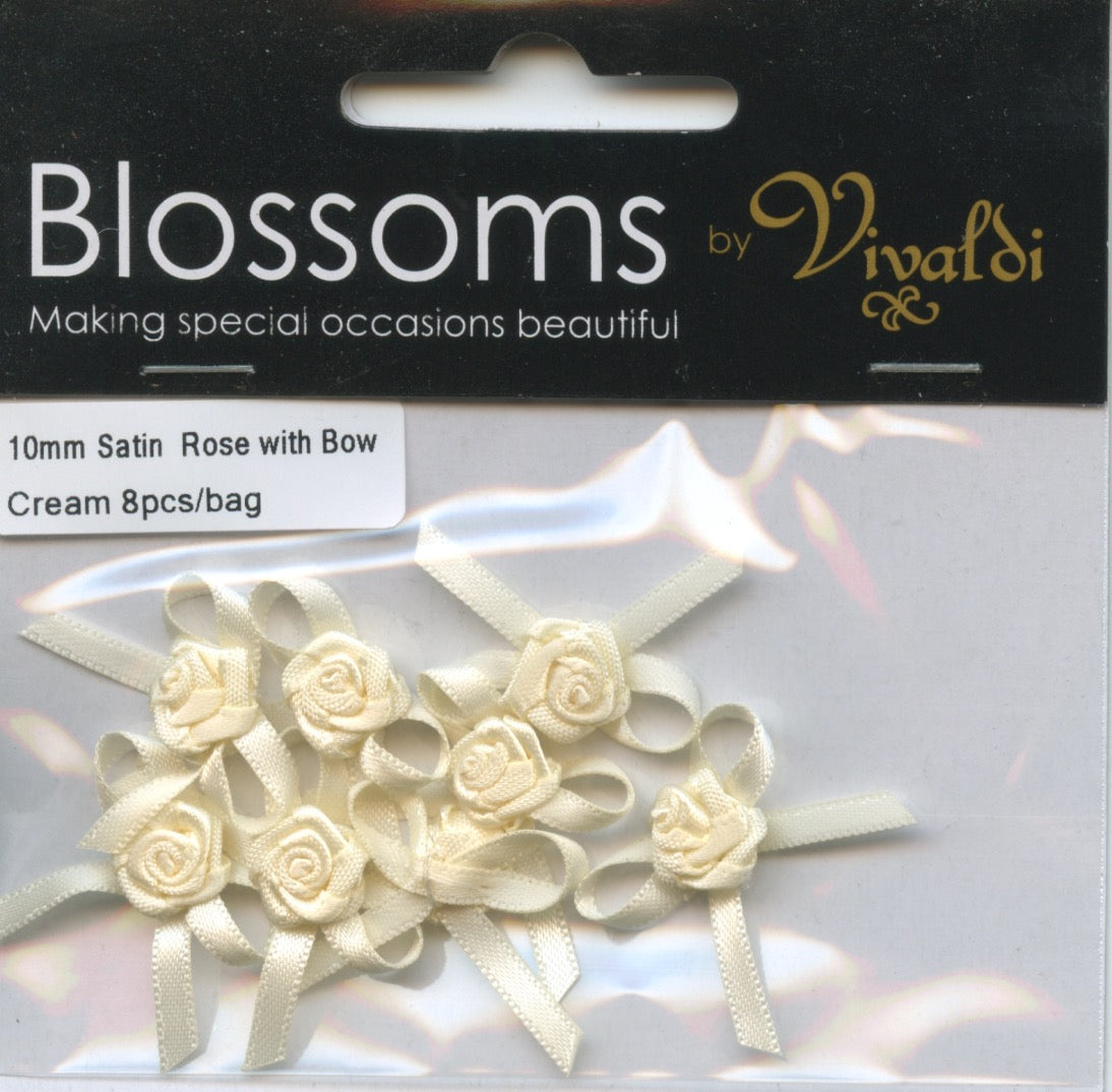 Satin Bow with Rose 10mm - Cream - 8 pack