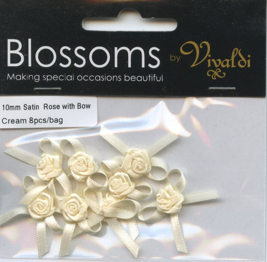 Satin Bow with Rose 10mm - Cream - 8 pack