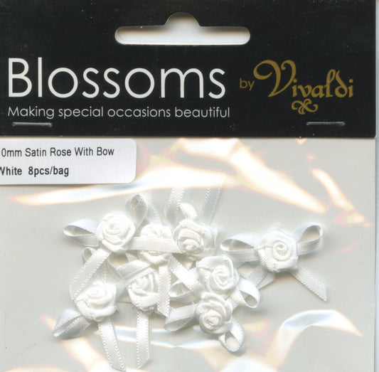 Satin Bow with Rose 10mm - White - 8 pack