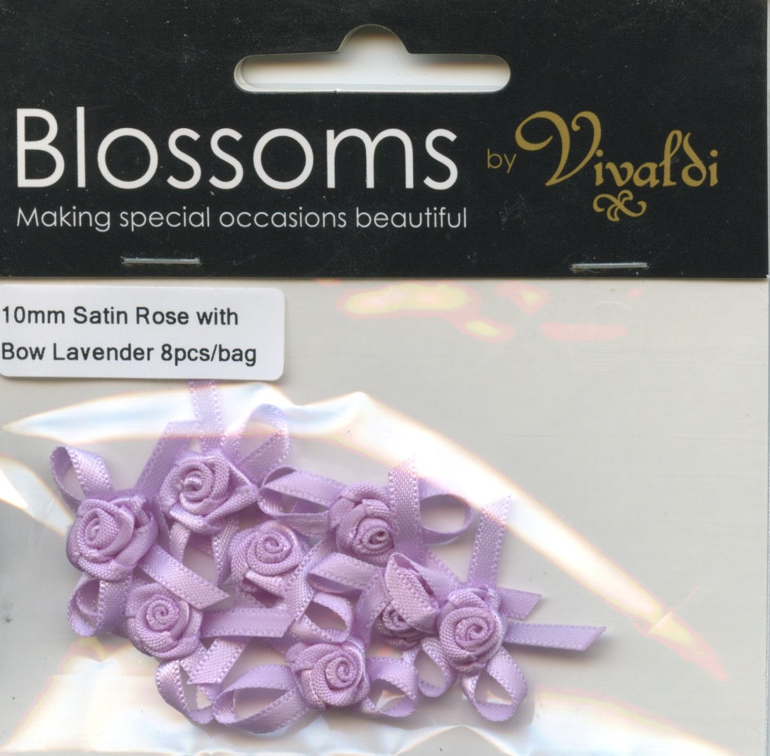 Satin Bow with Rose 10mm - Lavender - 8 pack