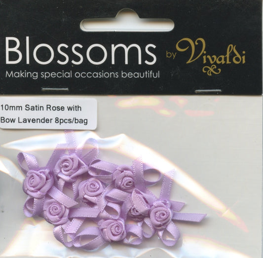 Satin Bow with Rose 10mm - Lavender - 8 pack