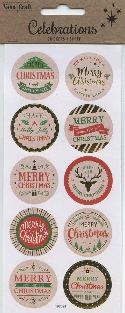 Celebrations Christmas Foil Wording Stickers all Circle 10pc