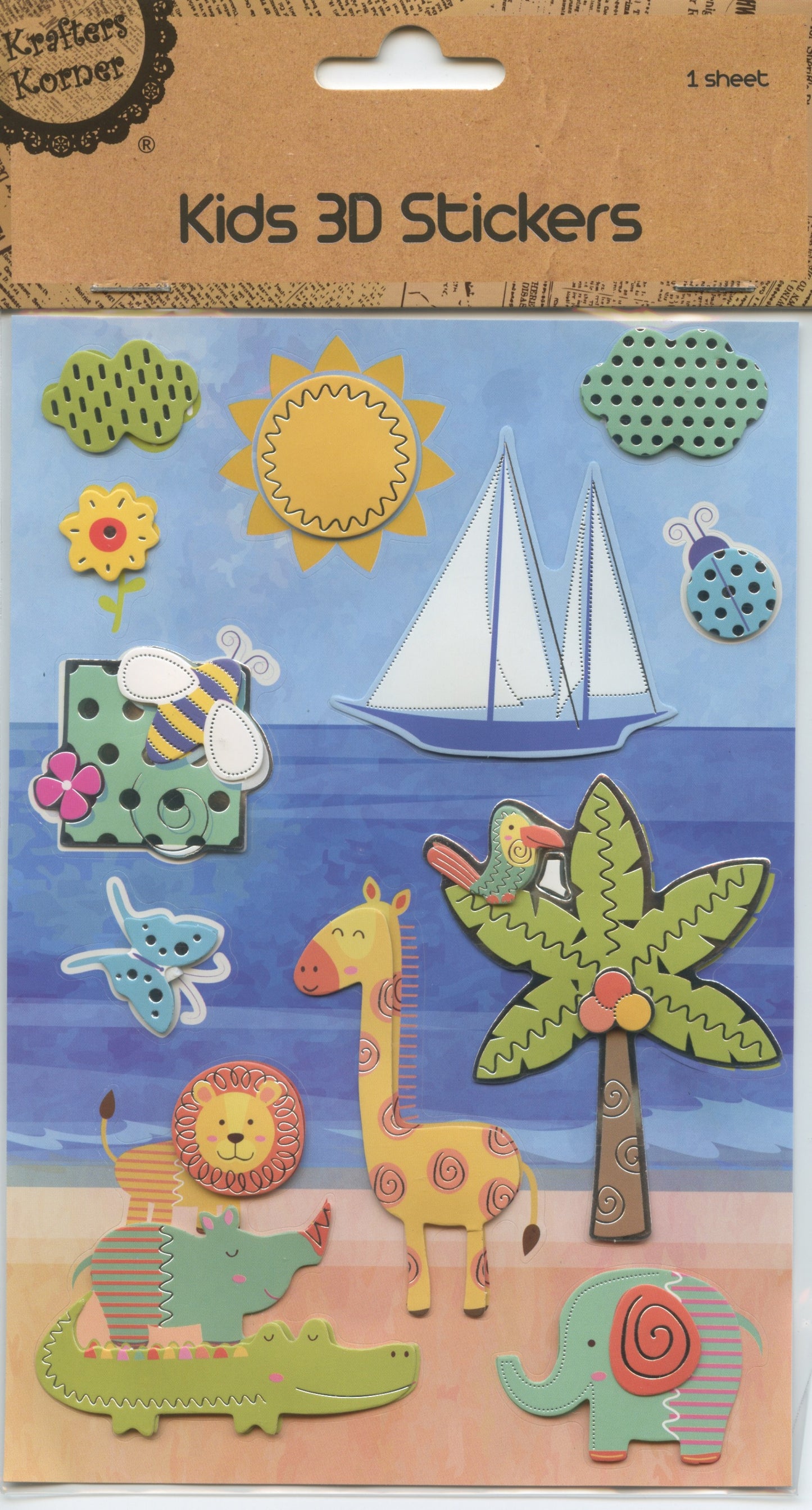 Kids 3D Stickers - Animal/Beach Theme - 12pk