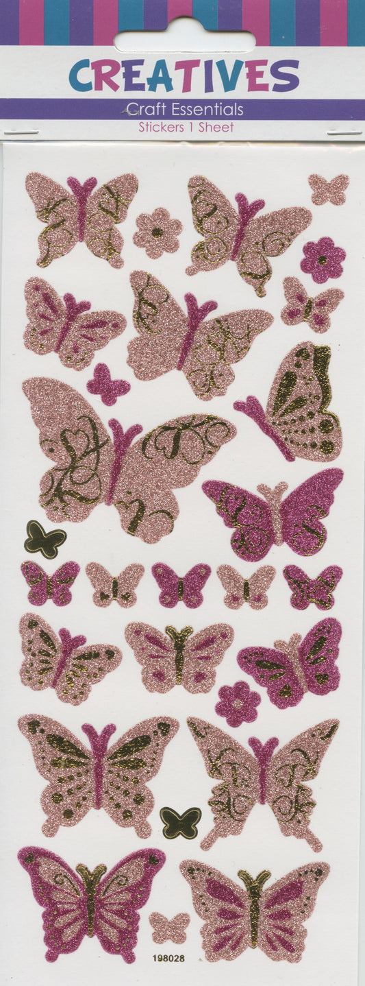 Glitter Butterfly Stickers - Pink and Gold - 1 sheet