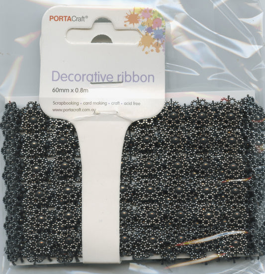 Black & Silver Flower - Decorative Ribbon - 60mm x 0.8m