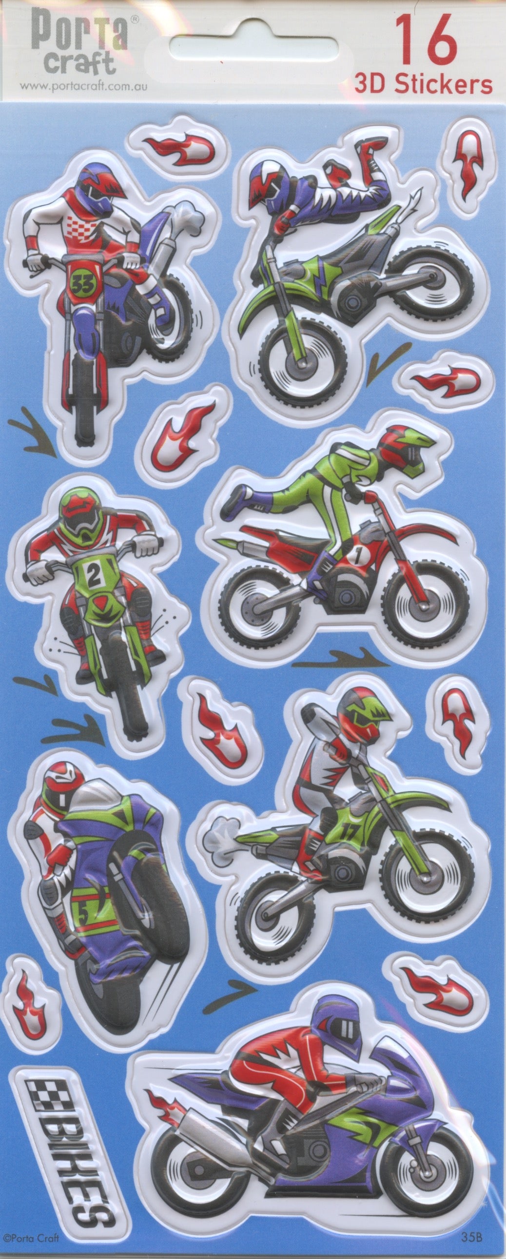 Motorbike and Flame 3D Puffy Stickers - 16 pack