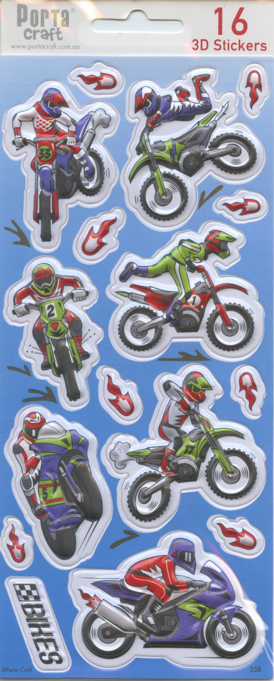 Motorbike and Flame 3D Puffy Stickers - 16 pack