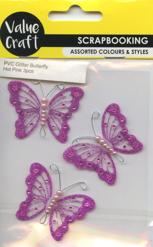 Butterfly Glitter PVC Sticker - Hot Pink 3pk