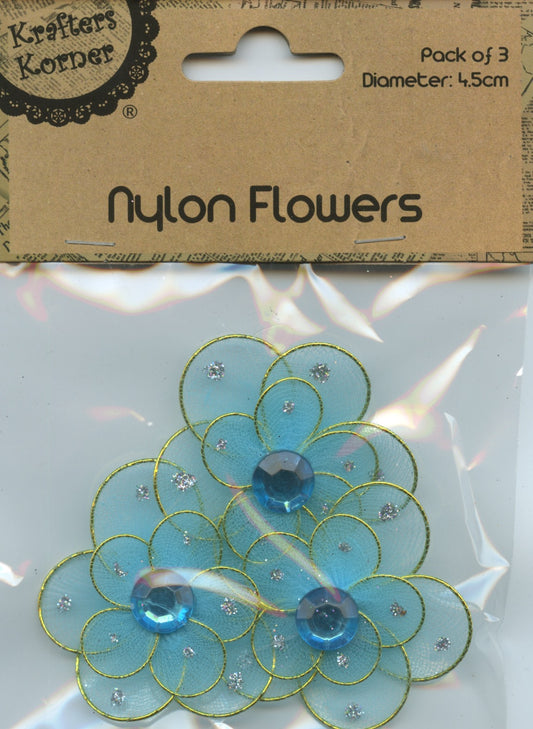 Nylon Flowers with wire - Aqua - 3 pack - 4.5 Diameter