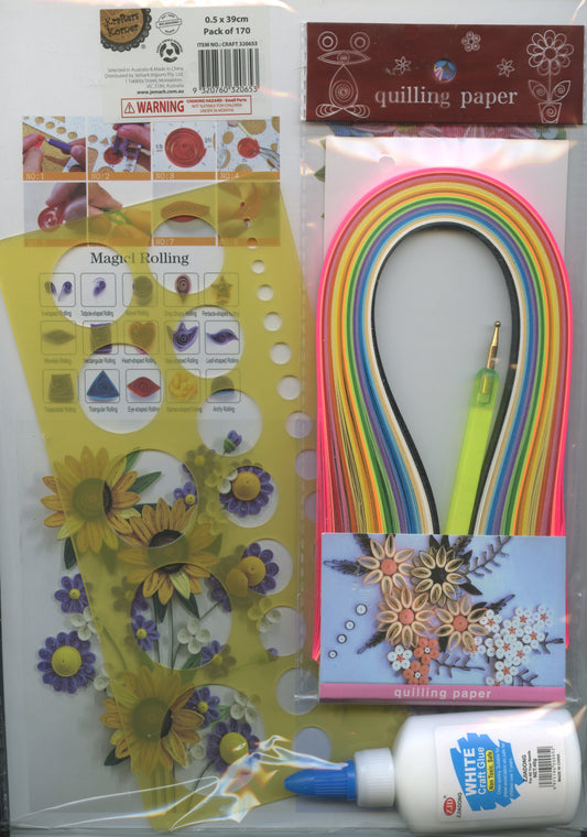 Paper Quilling Kit - 170 Strips/Glue/Tool - Yellow Quilling Tray