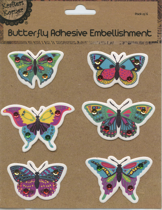 Butterfly Adhesive Embellishment - Multicoloured #2 - Pack of 6