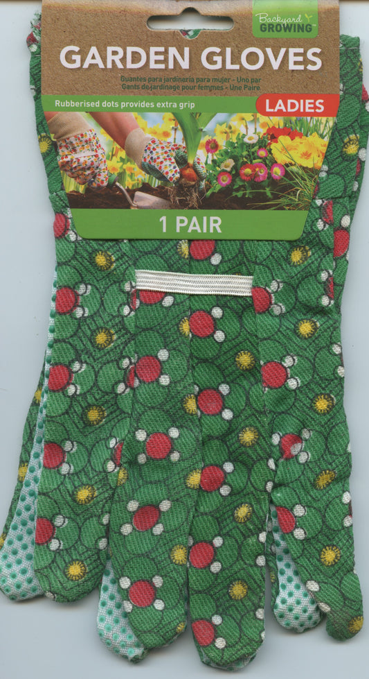 Ladies Garden Gloves - 1 pair - Green with red spots