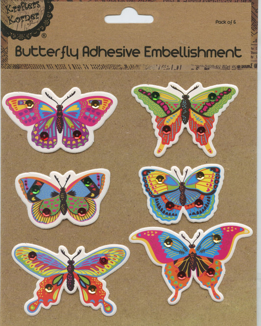 Butterfly Adhesive Embellishment - Multicoloured #1- Pack of 6