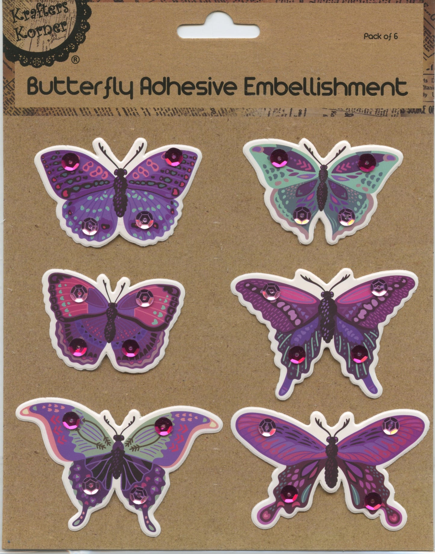 Butterfly Adhesive Embellishment - Purple Tones - Pack of 6