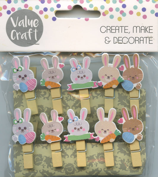 Wooden Pegs Bunnies with Eggs/Carrots/Banner - 10 pack