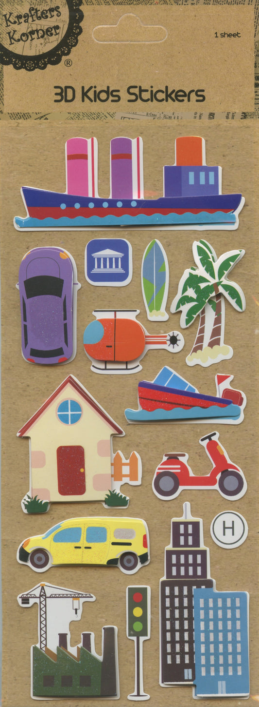 3D Kids Stickers - Transport Theme - Self Adhesive  - 14 pk - 1 sheet