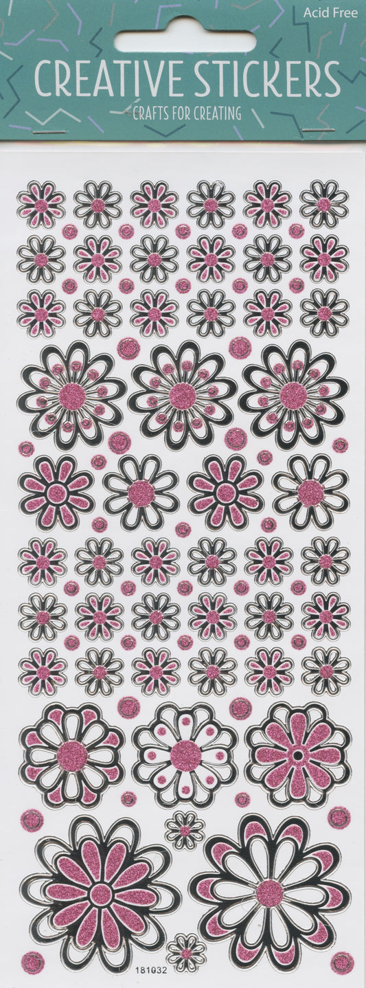 Glitter Flower Stickers - Pink and Silver - 1 sheet