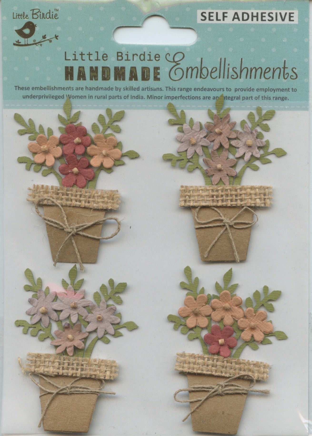 Little Birdie Handmade Embellishments - Shades of Brown Flower Pots 4pk