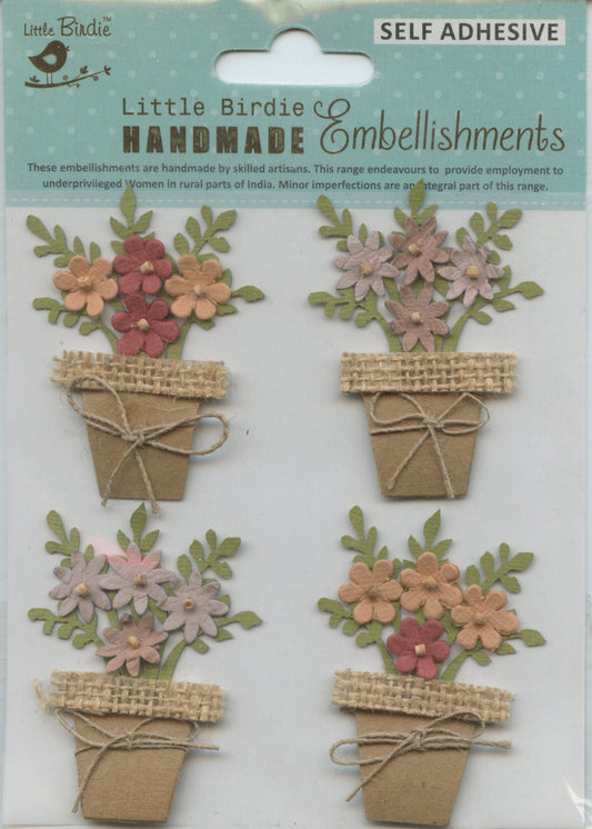 Little Birdie Handmade Embellishments - Shades of Brown Flower Pots 4pk