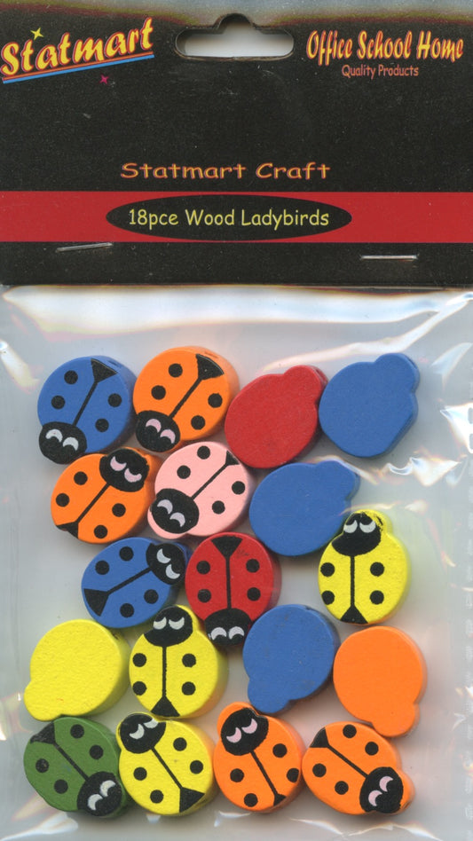 Wooden Ladybirds - Pack of 18 Assorted Colours - length 18mm