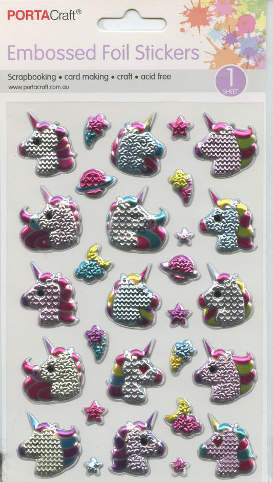 Embossed Foil Stickers - Unicorns/Stars/Planets - 1 sheet