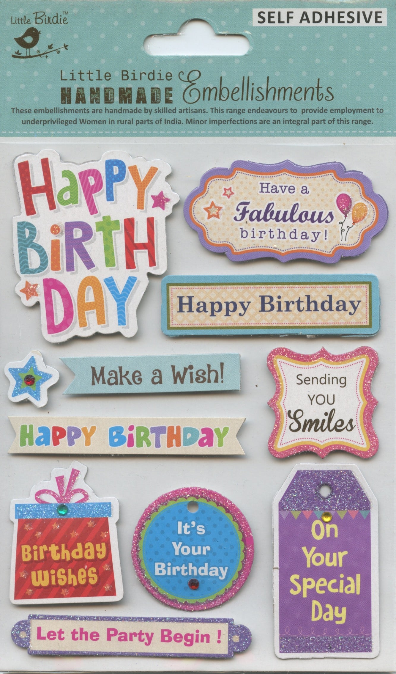 Little Birdie Handmade Embellishments Self/Adh - Happy Birthday Wishes - 11pc
