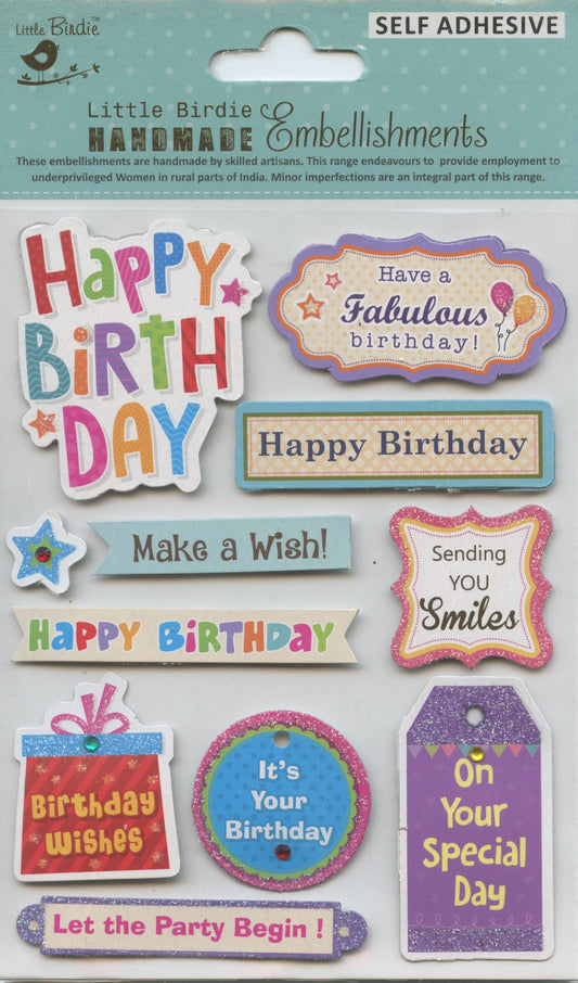 Little Birdie Handmade Embellishments Self/Adh - Happy Birthday Wishes - 11pc