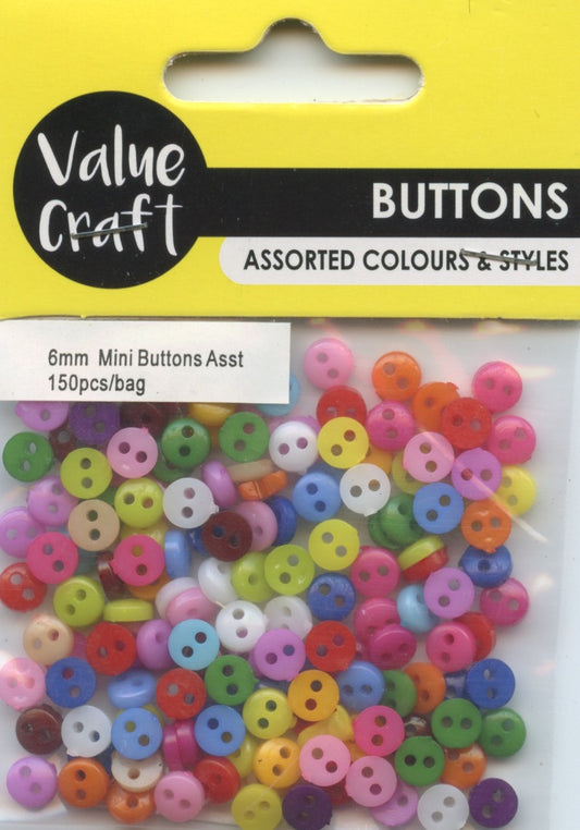 Mini Buttons - Assorted Colours - 6mm - 150 pieces