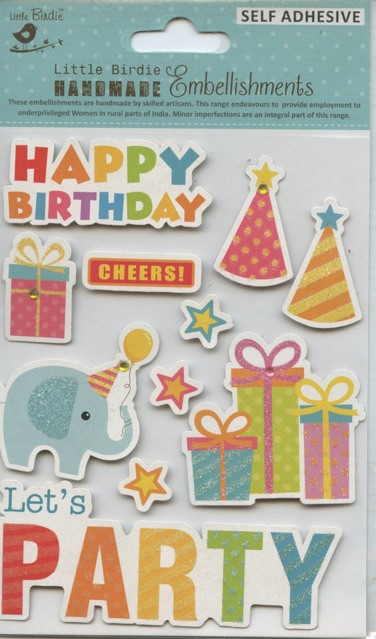 Little Birdie Handmade Embellishments Self/Adh - Let's Party - 11 pc