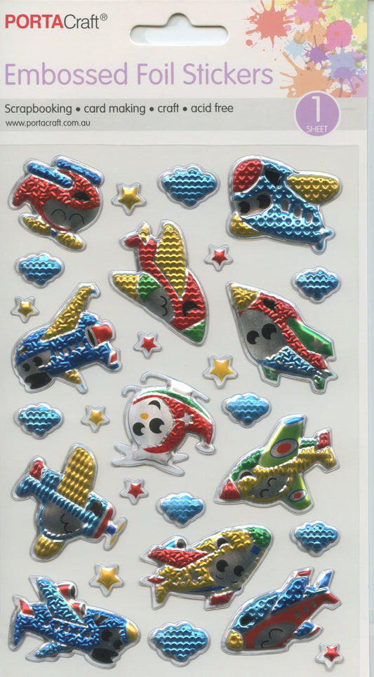 Embossed Foil Stickers - Planes and Helicopters - 1 sheet