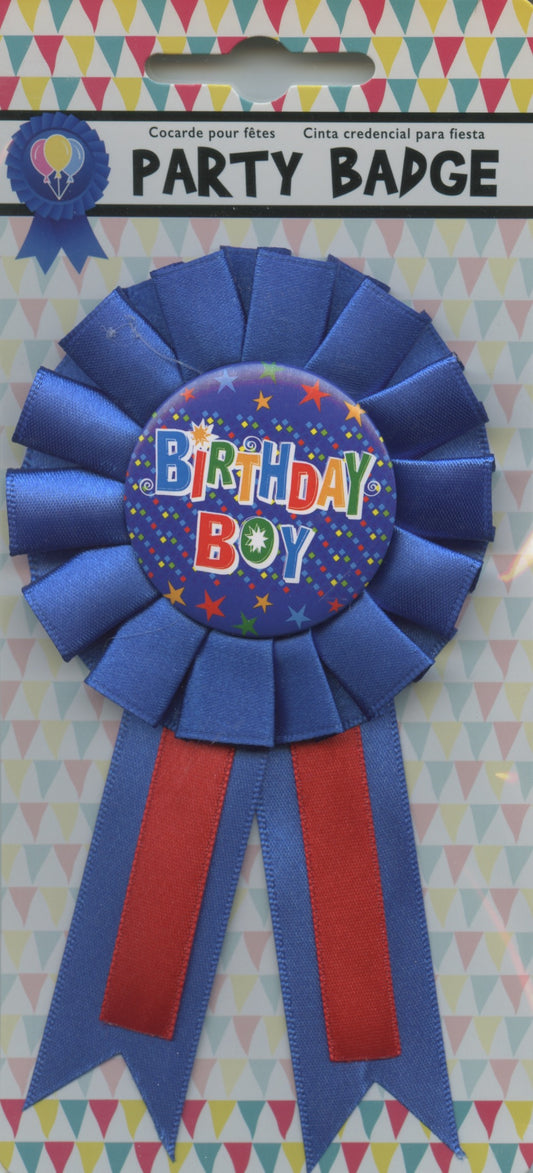 Birthday Badge with Pin - Birthday Boy with Blue Sash - 80mm Diameter