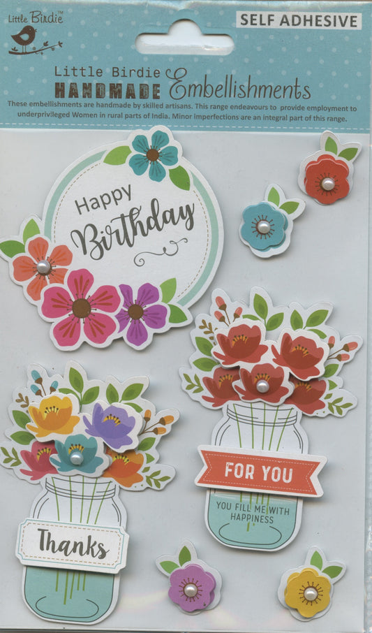Little Birdie Embellishments - Self Adhesive - Blooming Birthday Wish 7pc