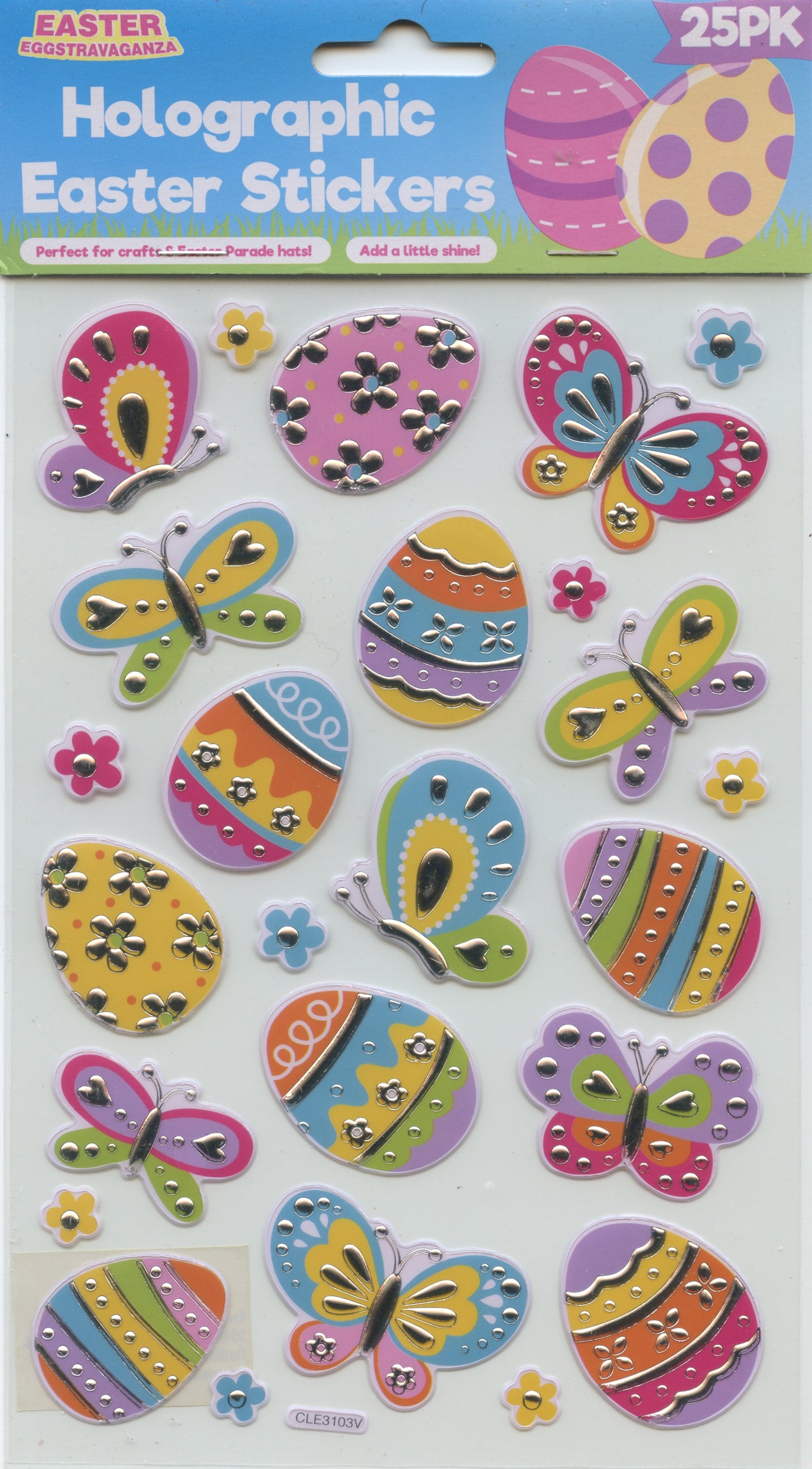 Holographic Easter Stickers - Butterflies/Flowers and Eggs - 25 pack