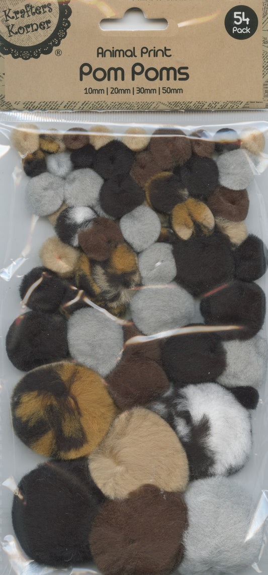 Pom Poms - Animal Print - 10, 20, 30 & 50mm - 54 pk