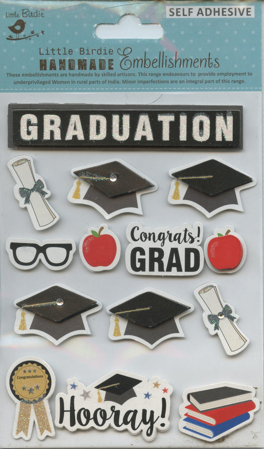 Little Birdie Handmade Embellishments Self/Adh - Congrats/Graduation - 14pc