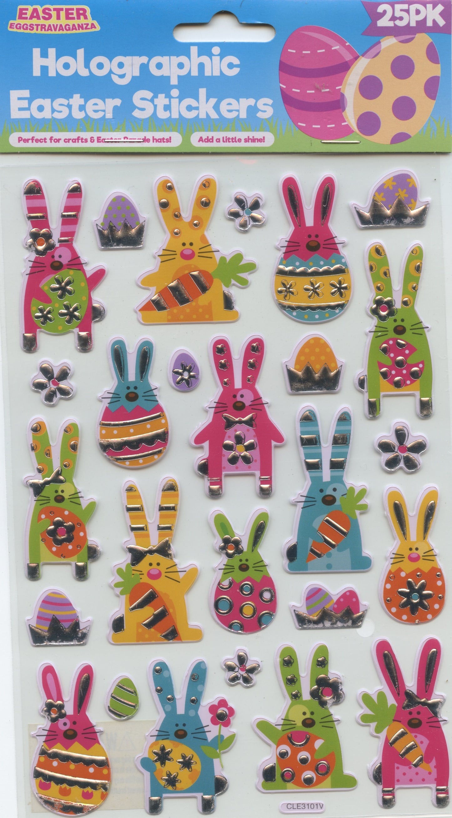Holographic Easter Stickers - Bunnies/Flowers and Eggs - 25 pack