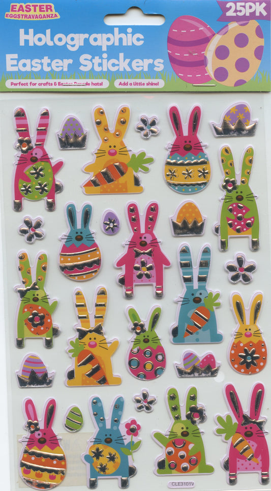 Holographic Easter Stickers - Bunnies/Flowers and Eggs - 25 pack